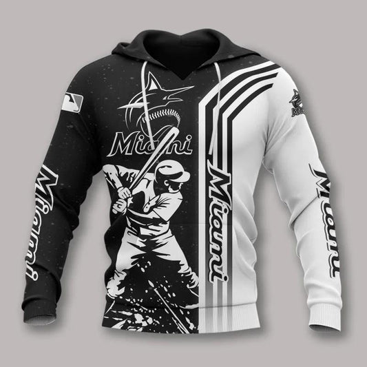 Miami Marlins Black And White All Over Print Hoodie 1, MLB Hoodie Moonbestprint