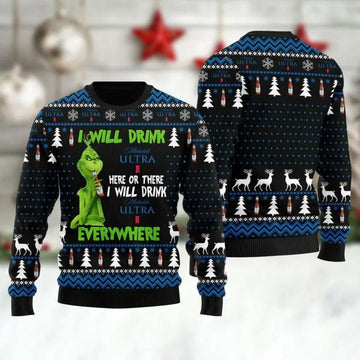 Michelob Ultra Grinch Will Drink Everywhere Ugly Sweater, Grinch Holiday Sweater Moonbestprint