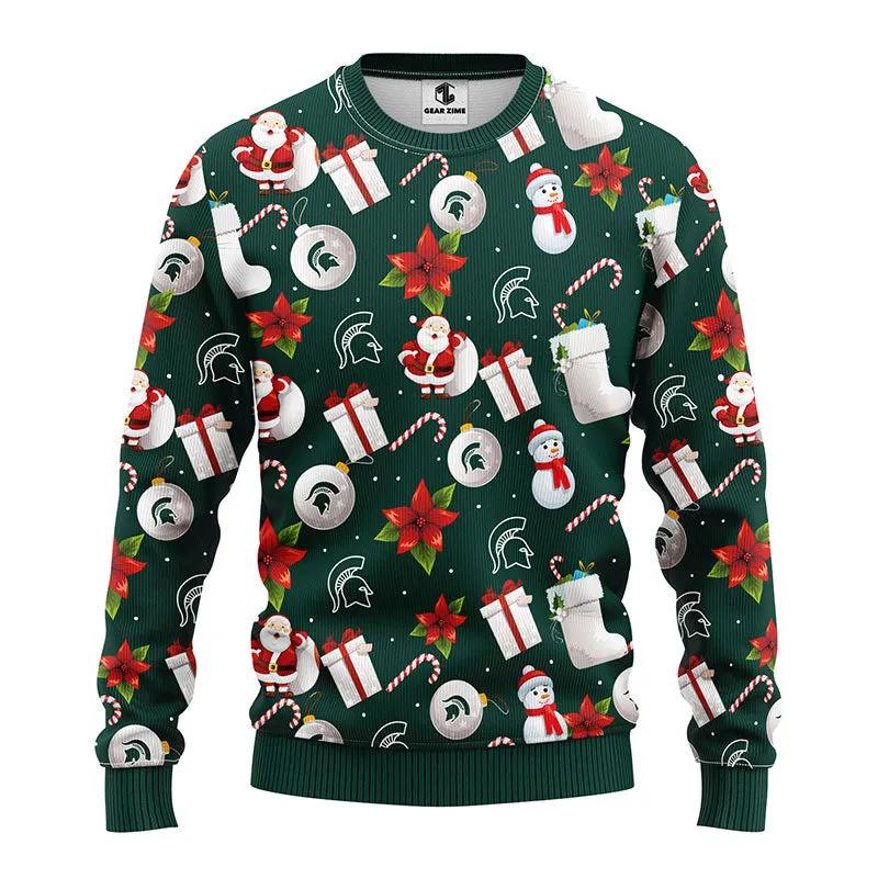 Michigan State Spartans Santa Claus Snowman Ugly Christmas Sweater, NCAA Christmas Sweater Moonbestprint