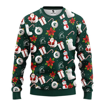 Michigan State Spartans Santa Claus Snowman Ugly Christmas Sweater, NCAA Christmas Sweater Moonbestprint