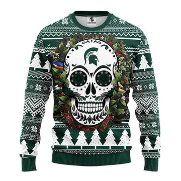 Michigan State Spartans Skull Flower Ugly Christmas Sweater, NCAA Christmas Sweater Moonbestprint