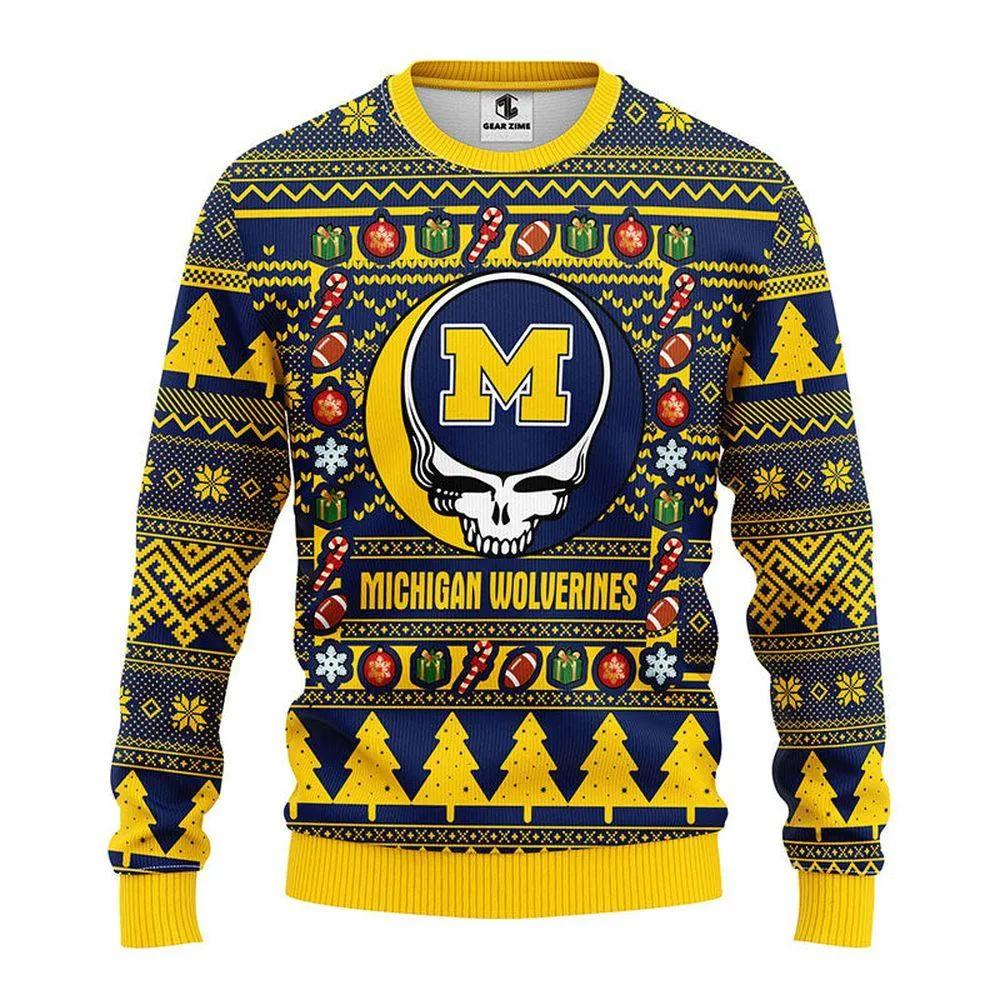 Michigan Wolverines Grateful Dead Ugly Christmas Sweater, NCAA Christmas Sweater Moonbestprint