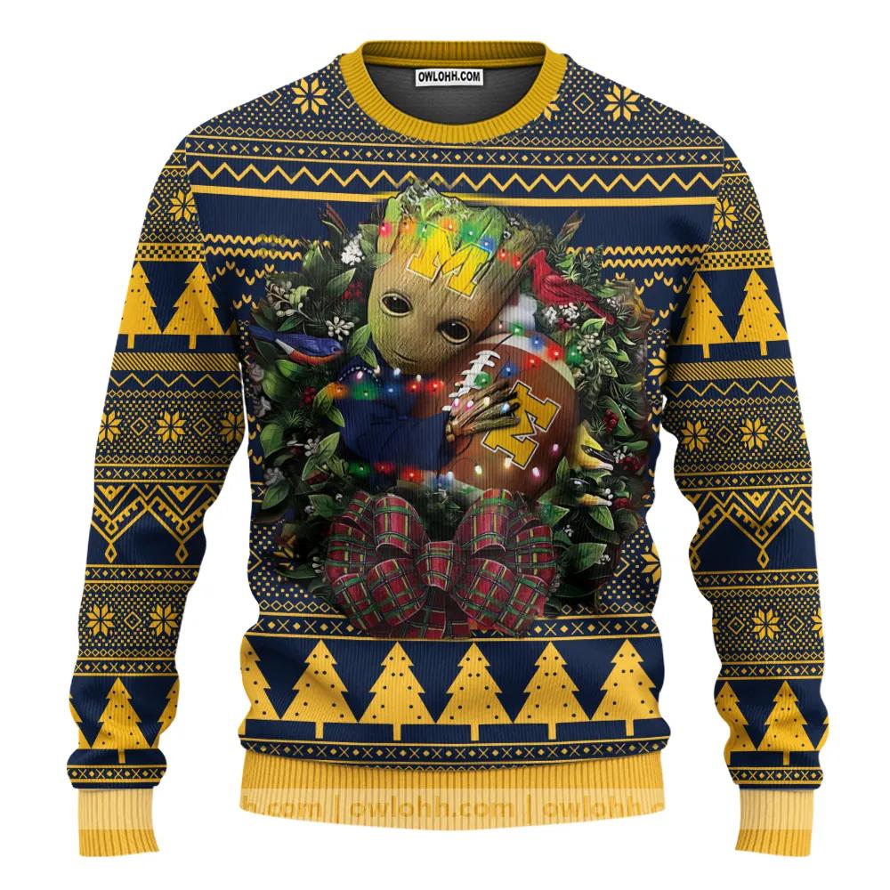 Michigan Wolverines Groot Hug Ugly Christmas Sweater, NCAA Christmas Sweater Moonbestprint
