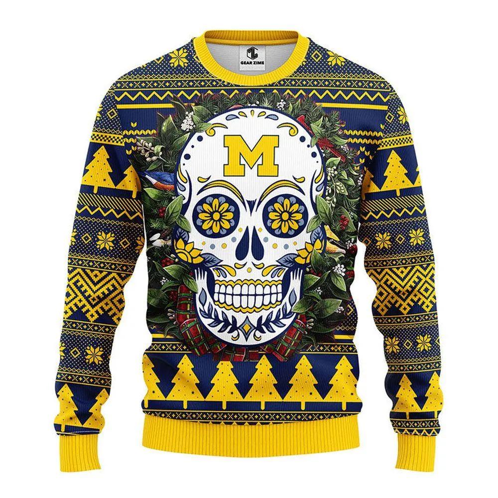 Michigan Wolverines Skull Flower Ugly Christmas Sweater, NCAA Christmas Sweater Moonbestprint