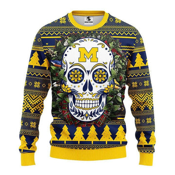 Michigan Wolverines Skull Flower Ugly Christmas Sweater, NCAA Christmas Sweater Moonbestprint