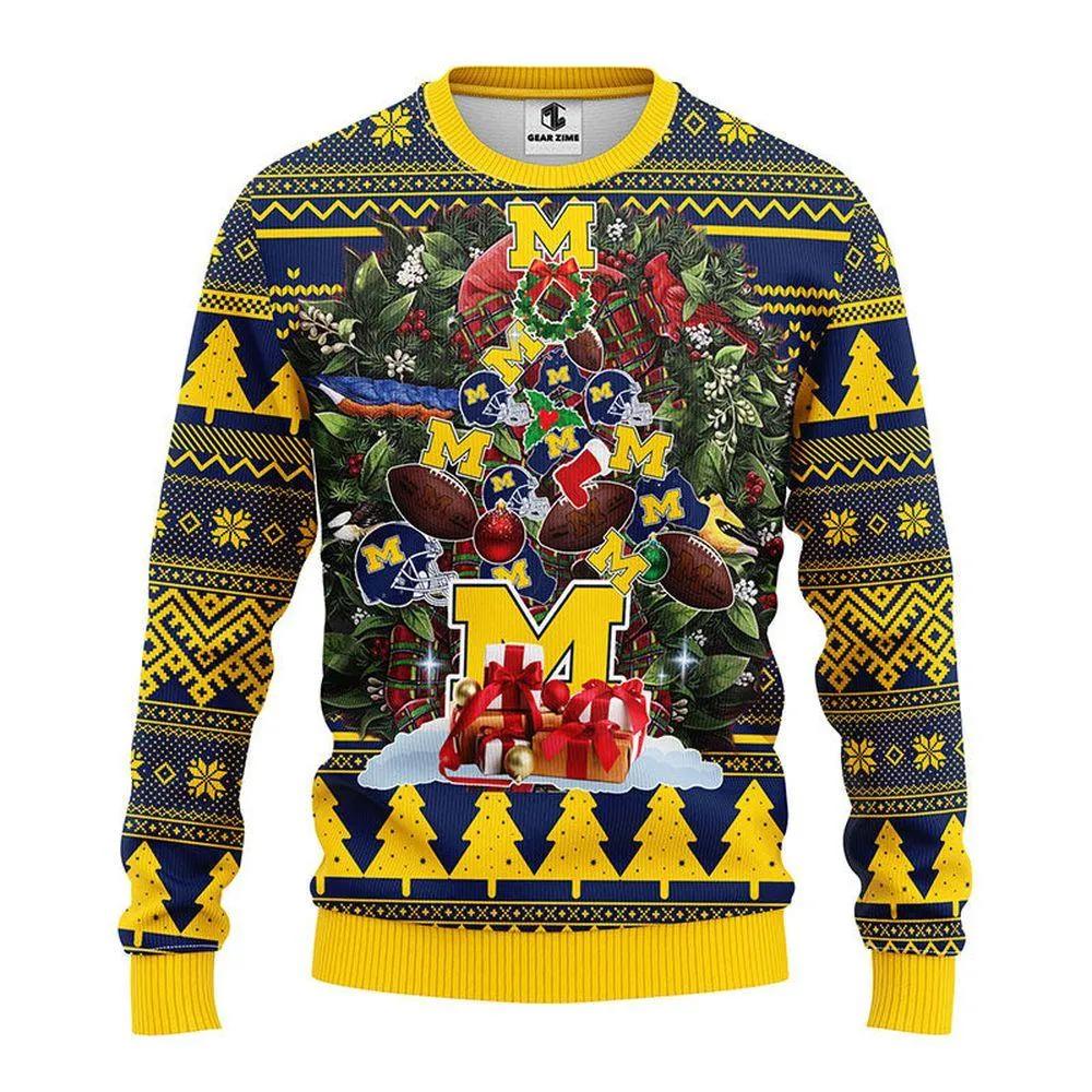 Michigan Wolverines Tree Party Ugly Christmas Sweater, NCAA Christmas Sweater Moonbestprint