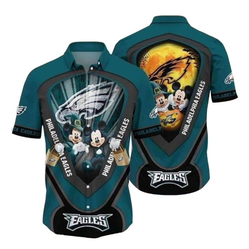 Mickey Halloween Philadelphia Eagles Animated Fun In The Sun Tropical 2025 Hawaiian Shirt - Moonbestprint