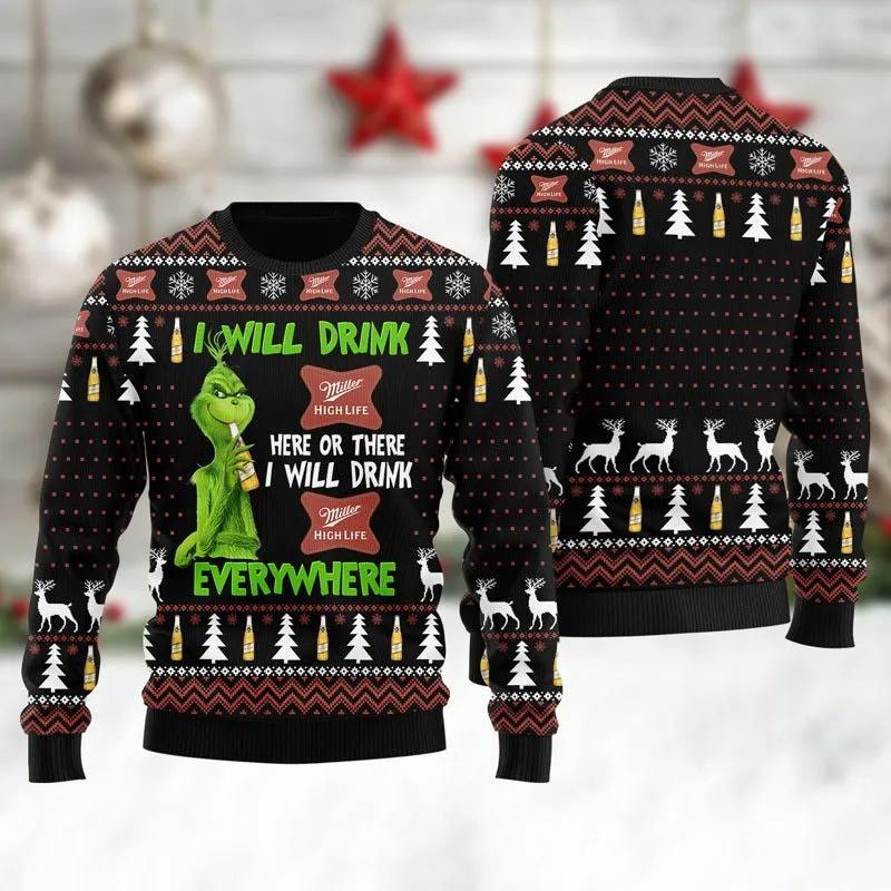 Miller High Life Grinch Will Drink Everywhere Ugly Sweater, Grinch Holiday Sweater Moonbestprint