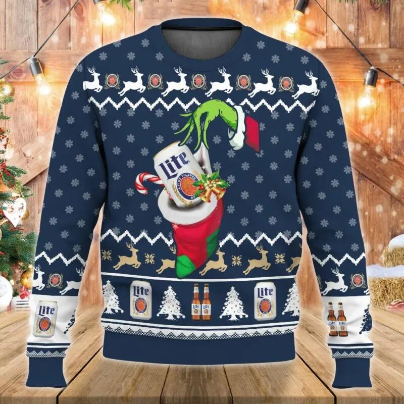 Miller Lite Grinch Hand Ugly Christmas Sweater, Grinch Holiday Sweater Moonbestprint