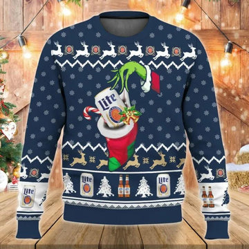 Miller Lite Grinch Hand Ugly Christmas Sweater, Grinch Holiday Sweater Moonbestprint