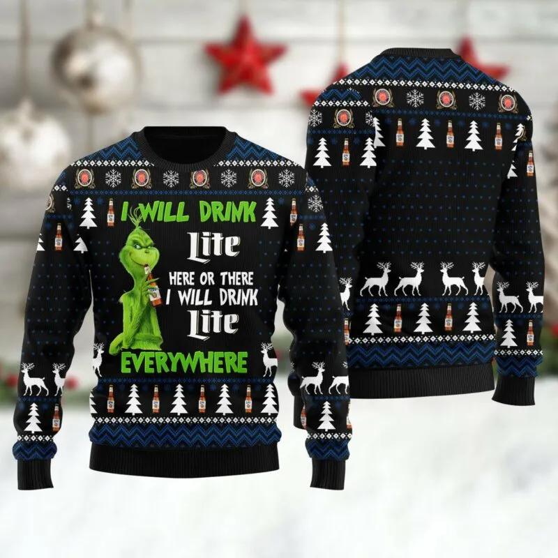 Miller Lite Grinch Will Drink Everywhere Ugly Sweater, Grinch Holiday Sweater Moonbestprint