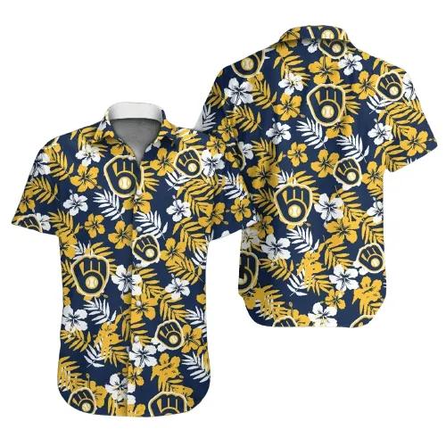 Milwaukee Brewers Hawaiian Shirt Brewers Symbol Yellow Hibiscus Hawaii Shirt Awesome Milwaukee Brewers Aloha Shirt, MLB Hawaiian Shirt Moonbestprint