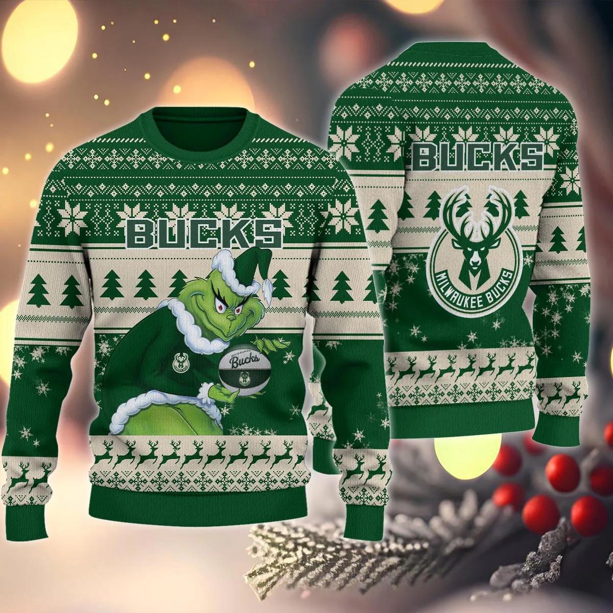 Milwaukee Bucks Grinch Stolen Ugly Christmas Sweater, NBA Chritsmas Sweater Moonbestprint