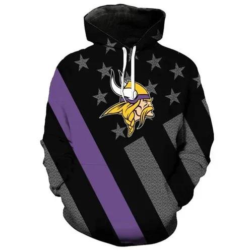 Minnesota Vikings American Flag Black 3D Hoodie, NFL Hoodie Moonbestprint