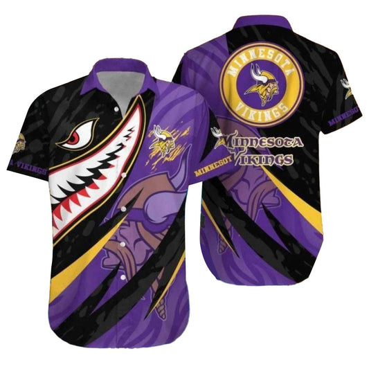 Minnesota Vikings Bold Shark Graphic Black And Purple Hawaiian Shirt - Moonbestprint