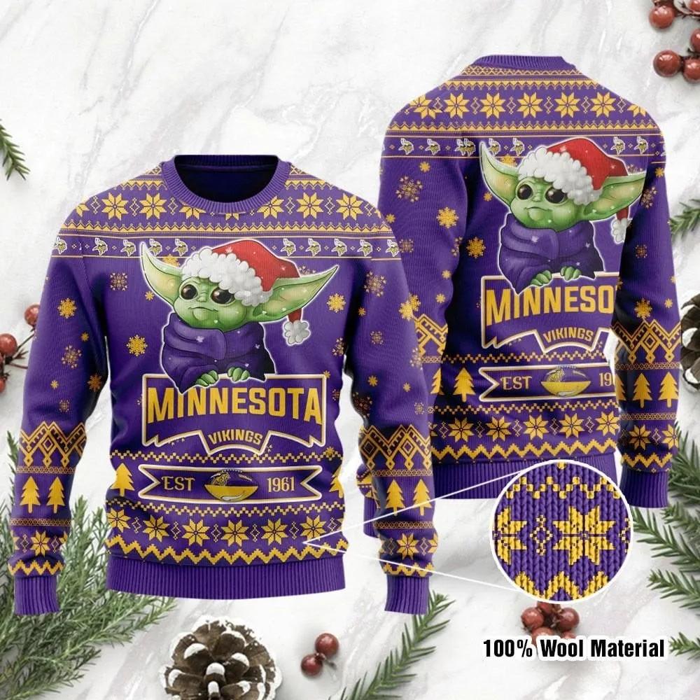 Minnesota Vikings Cute Baby Yoda Grogu Holiday Party Ugly Christmas Sweater, Minnesota Vikings Christmas Sweater Moonbestprint