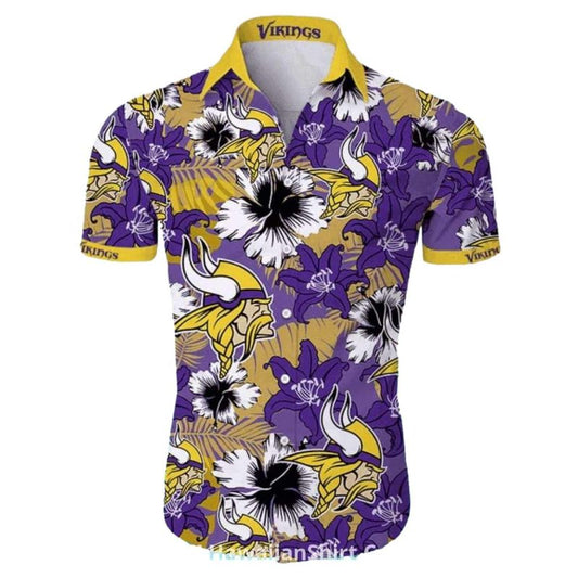 Minnesota Vikings Gold Purple Hibiscus Floral Hawaiian Shirt - Moonbestprint