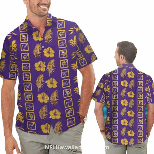 Minnesota Vikings Golden Palm and Hibiscus Hawaiian Shirt - Moonbestprint