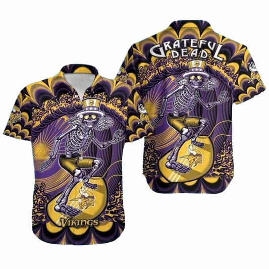Minnesota Vikings Grateful Dead Skeleton Surfing Hawaiian Shirt - Moonbestprint