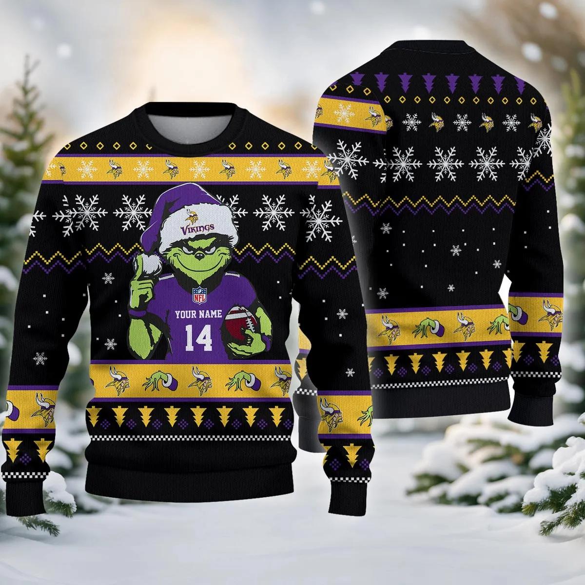 Minnesota Vikings Grinch Custom Ugly Chrismas Sweater, NFL Christmas Sweater Moonbestprint