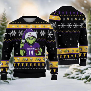 Minnesota Vikings Grinch Custom Ugly Chrismas Sweater, NFL Christmas Sweater Moonbestprint