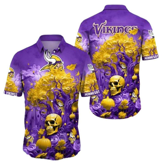 Minnesota Vikings Halloween Skull Pumpkin Hawaiian Shirt - Moonbestprint