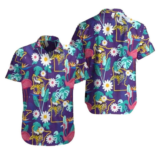 Minnesota Vikings Logo And Flamingo Floral Hawaiian Shirt - Moonbestprint