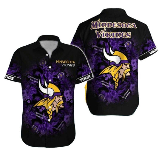 Minnesota Vikings Logo And Purple Hibiscus Black Hawaiian Shirt - Moonbestprint