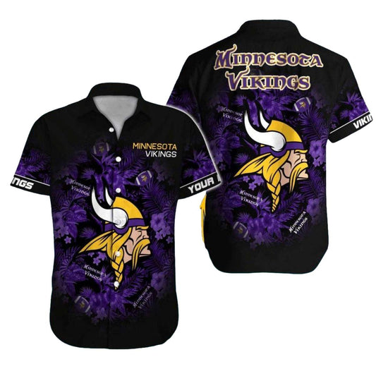 Minnesota Vikings Logo And Purple Hibiscus Black Hawaiian Shirt - Moonbestprint