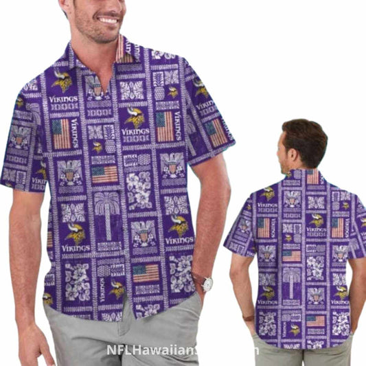 Minnesota Vikings Logo Flower USA Flag Pattern Hawaiian Shirt - Moonbestprint