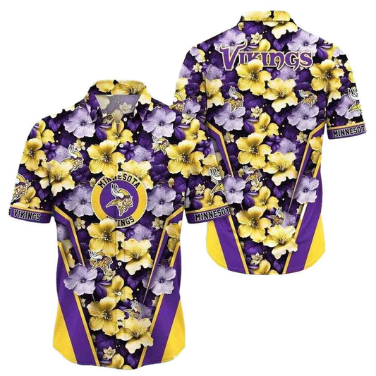 Minnesota Vikings Logo Yellow And Purple Hibiscus Hawaiian Shirt - Moonbestprint