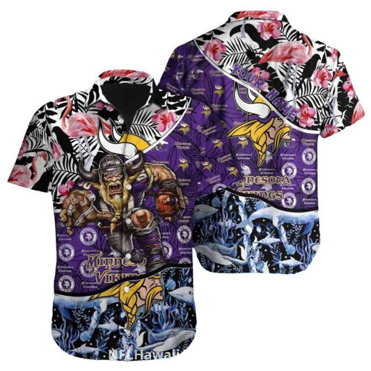 Minnesota Vikings Mascot Flamingo And Ocean Hawaiian Shirt - Moonbestprint