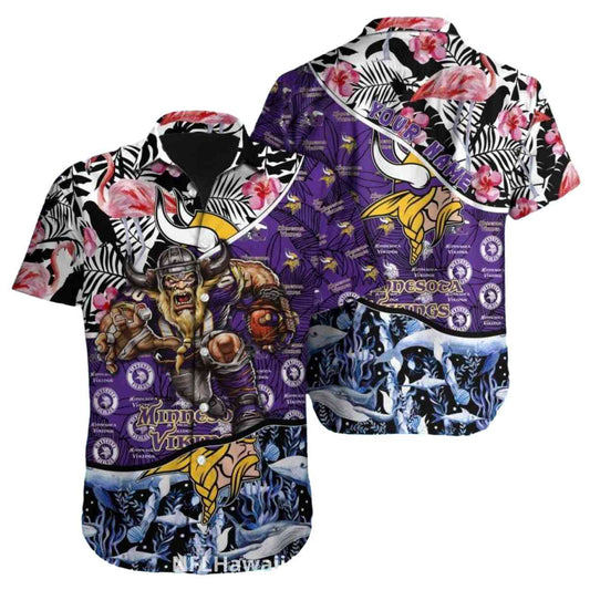 Minnesota Vikings Mascot Flamingo And Ocean Hawaiian Shirt - Moonbestprint