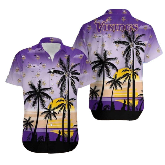 Minnesota Vikings Multi Logo Ocean Sunset Palm Tree Hawaiian Shirt - Moonbestprint
