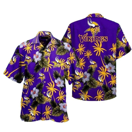 Minnesota Vikings Purple Floral Hibiscus And Coconut Tree Hawaiian Shirt - Moonbestprint