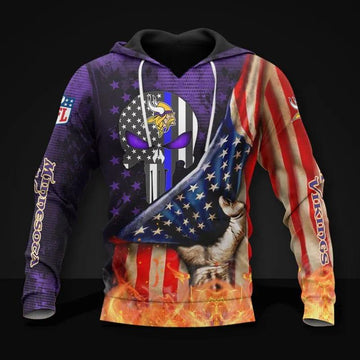 Minnesota Vikings Skull American Flag All Over Print Hoodie, NFL Hoodie Moonbestprint