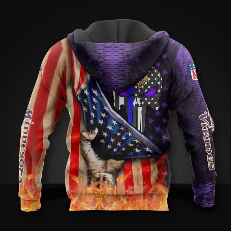 Minnesota Vikings Skull American Flag All Over Print Hoodie, NFL Hoodie Moonbestprint