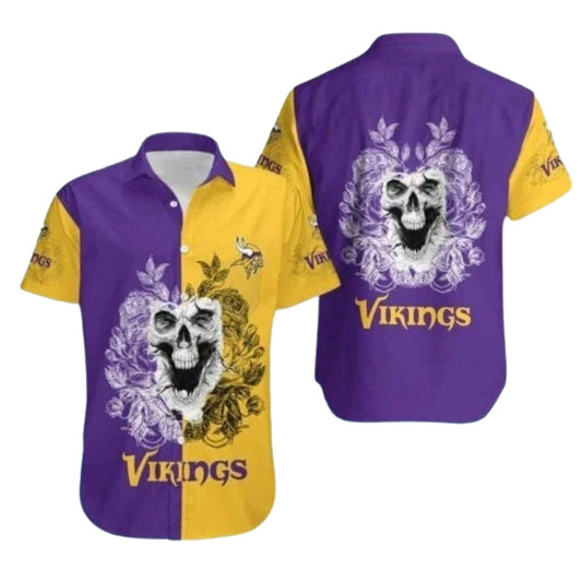 Minnesota Vikings Skull Floral Yellow And Purple Hawaiian Shirt - Moonbestprint