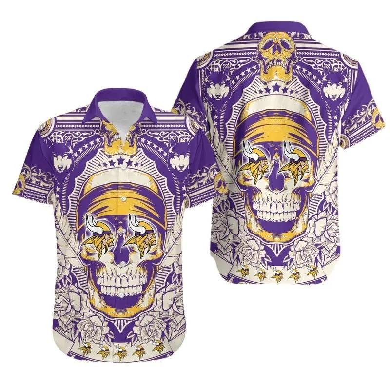 Minnesota Vikings Skull NFL Aloha Pattern Hawaiian Shirt, NFL Hawaiian Shirt Moonbestprint