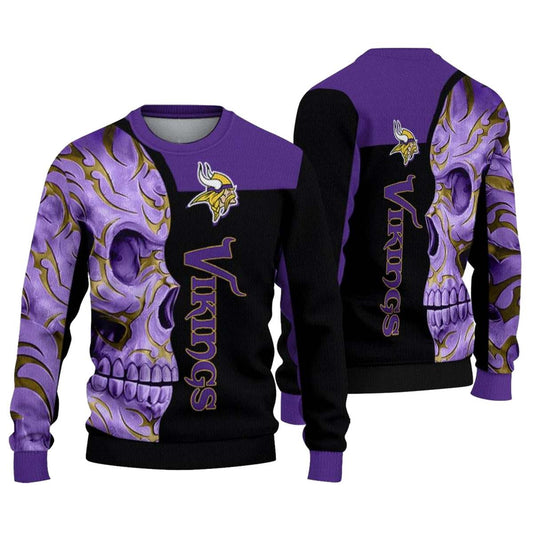 Minnesota Vikings Skull Swirl Purple Black AOP Sweatshirt - Moonbestprint