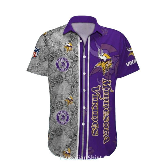 Minnesota Vikings Split Grey And Purple Tribal Theme Hawaiian Shirt - Moonbestprint