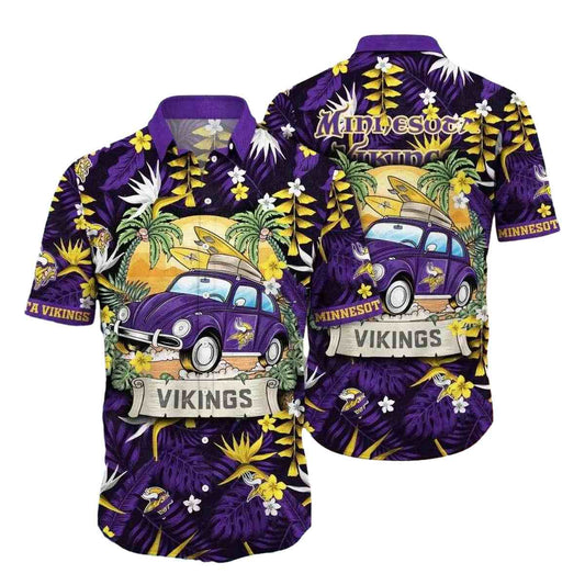 Minnesota Vikings Surfs Up Woody Wagon Tropical Hawaiian Shirt - Moonbestprint