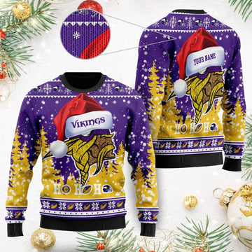 Minnesota Vikings Symbol Wearing Santa Claus Hat Ho Ho Ho Custom Personalized Ugly Christmas Sweater Moonbestprint