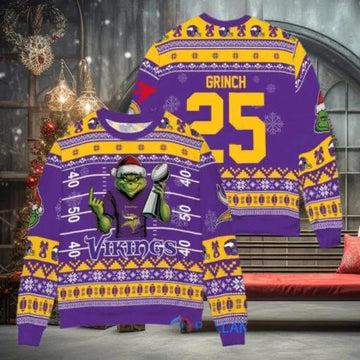 Minnesota Vikings x Grinch Christmas Dr. Seuss How the Grinch Stole Christmas with Super Bowl Trophy Custom Ugly Christmas Sweater, NFL Chritsmas Sweater Moonbestprint