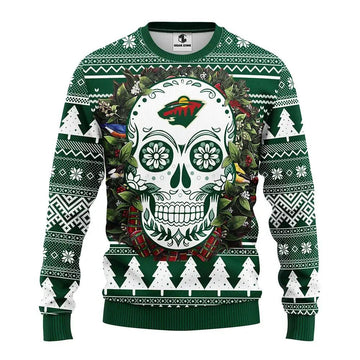 Minnesota Wild Skull Flower Ugly Christmas Sweater, NHL Christmas Sweater Moonbestprint