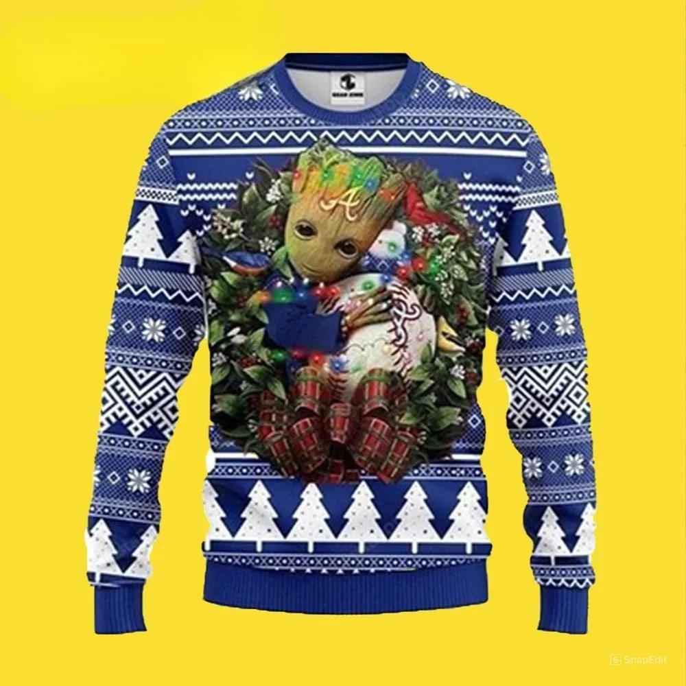 Mlb Atlanta Braves Groot Hug Ugly Christmas Sweater, MLB Christmas Sweater Moonbestprint