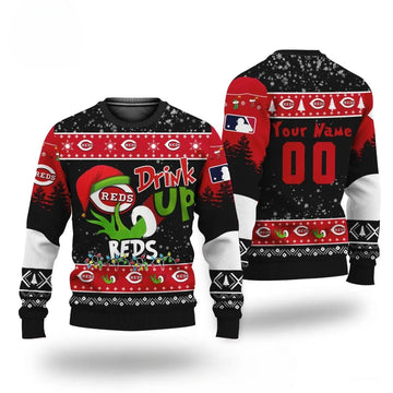 Mlb Grinch Drink Up Cincinnati Reds Custom Ugly Christmas Sweater, MLB Christmas Sweater Moonbestprint