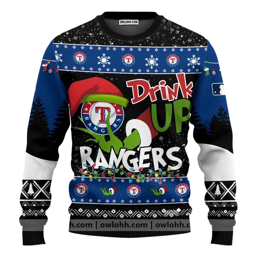 Mlb Grinch Drink Up Texas Rangers Custom Ugly Christmas Sweater, MLB Christmas Sweater Moonbestprint