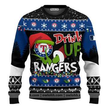 Mlb Grinch Drink Up Texas Rangers Custom Ugly Christmas Sweater, MLB Christmas Sweater Moonbestprint