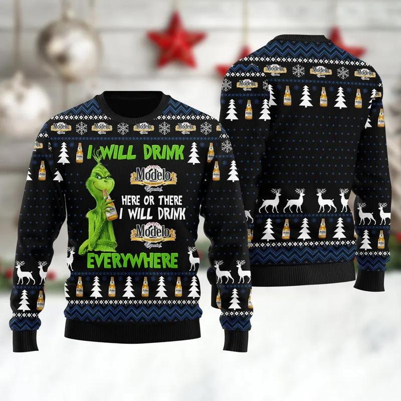Modelo Grinch Will Drink Everywhere Ugly Sweater, Grinch Holiday Sweater Moonbestprint